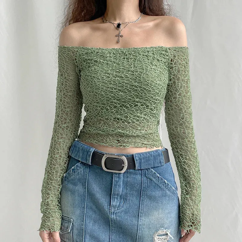 JazzHer Autumn Spring Korean Off Shoulder T-shirt Chic Vintage Backless Slim Fit Crop Tops Women Fairy Coquette Tees Y2K Pretty Outfits