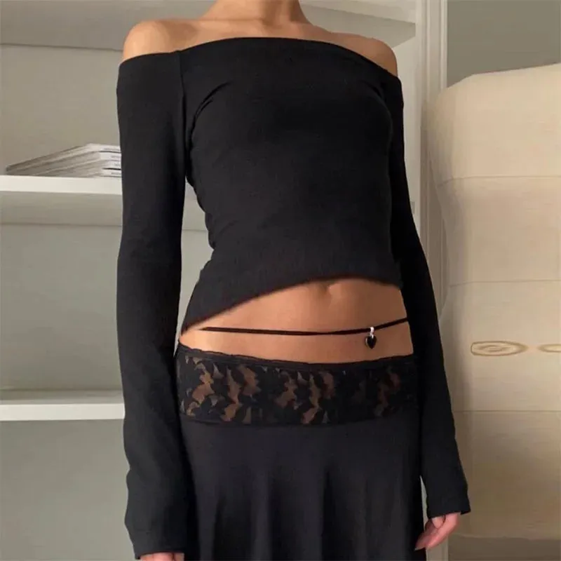 JazzHer Autumn Spring Korean Off Shoulder T-shirt Chic Vintage Backless Slim Fit Crop Tops Women Fairy Coquette Tees Y2K Pretty Outfits