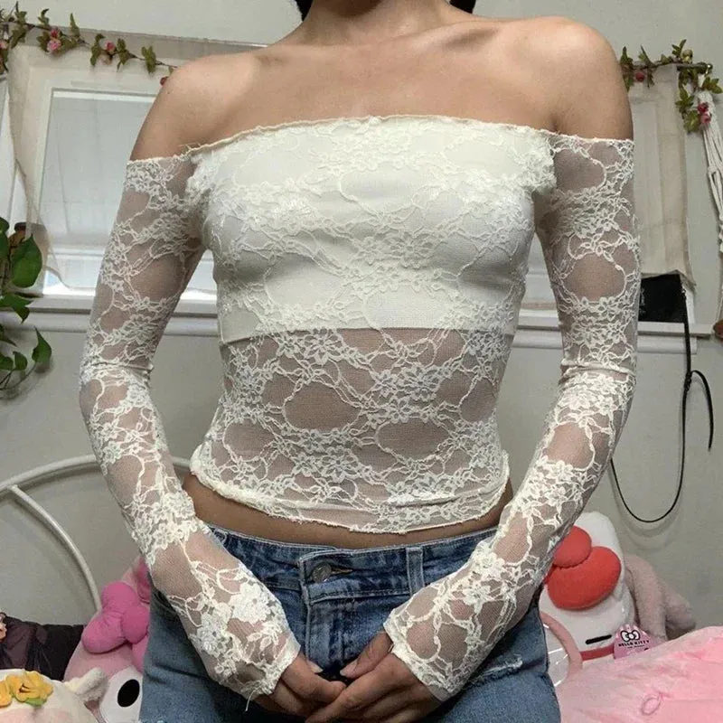 JazzHer Autumn Spring Korean Off Shoulder T-shirt Chic Vintage Backless Slim Fit Crop Tops Women Fairy Coquette Tees Y2K Pretty Outfits