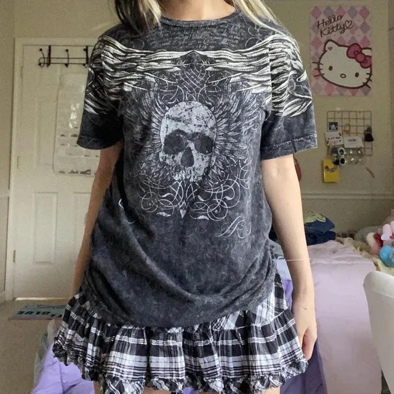 JazzHer E Girl Graphic Short Sleeve Tops Gothic Skulls Print T Shirt Tees Harajuku Grunge Vintage Pullovers Y2K Retro Mall Goth Clothes