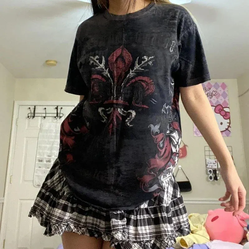 JazzHer E Girl Graphic Short Sleeve Tops Gothic Skulls Print T Shirt Tees Harajuku Grunge Vintage Pullovers Y2K Retro Mall Goth Clothes