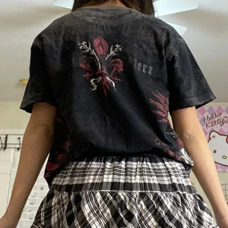 JazzHer E Girl Graphic Short Sleeve Tops Gothic Skulls Print T Shirt Tees Harajuku Grunge Vintage Pullovers Y2K Retro Mall Goth Clothes
