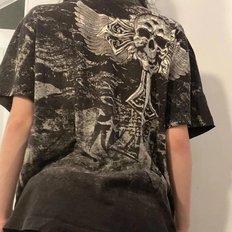 JazzHer E Girl Graphic Short Sleeve Tops Gothic Skulls Print T Shirt Tees Harajuku Grunge Vintage Pullovers Y2K Retro Mall Goth Clothes