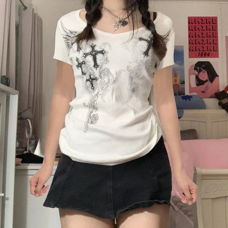 JazzHer E Girl Graphic Short Sleeve Tops Gothic Skulls Print T Shirt Tees Harajuku Grunge Vintage Pullovers Y2K Retro Mall Goth Clothes