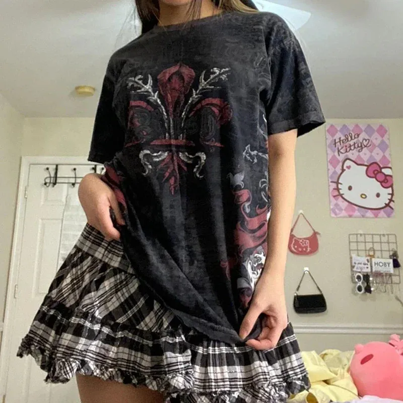 JazzHer E Girl Graphic Short Sleeve Tops Gothic Skulls Print T Shirt Tees Harajuku Grunge Vintage Pullovers Y2K Retro Mall Goth Clothes