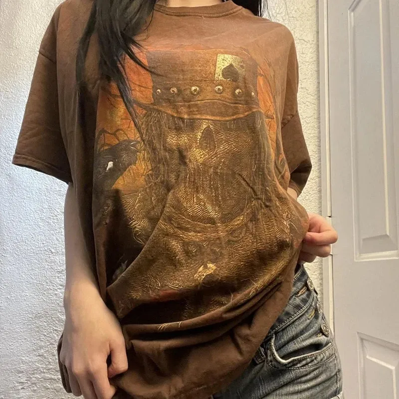 JazzHer Punk Harajuku Grunge Short Sleeve Loose Tees E-girl Gothic Skulls Graphic Print T-shirt Y2K Aesthetic Vintage Pullovers Tops