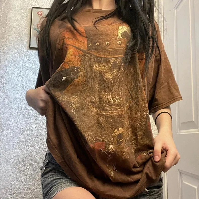 JazzHer Punk Harajuku Grunge Short Sleeve Loose Tees E-girl Gothic Skulls Graphic Print T-shirt Y2K Aesthetic Vintage Pullovers Tops