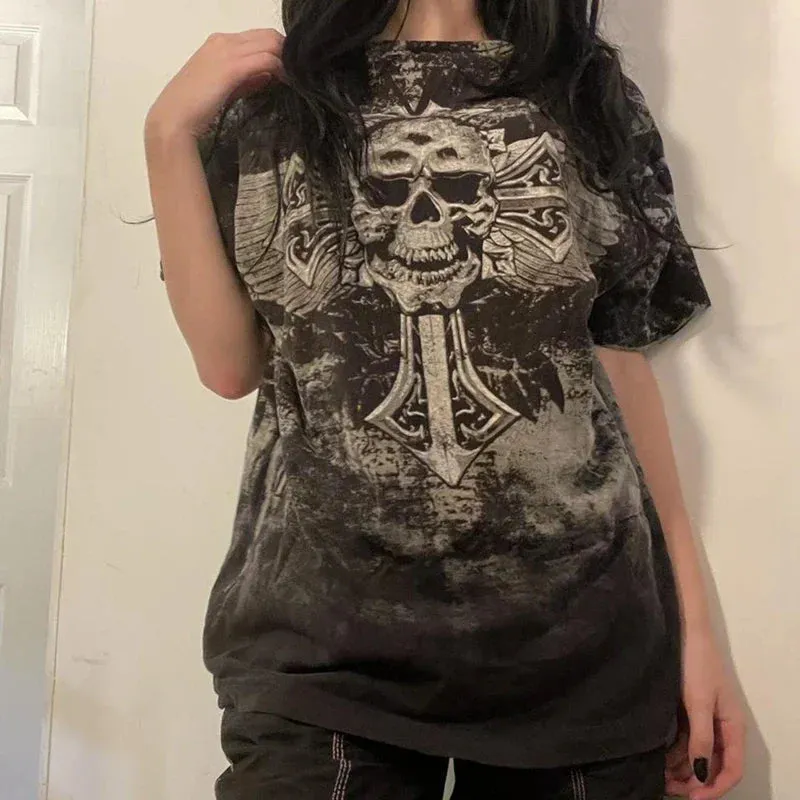 JazzHer Punk Harajuku Grunge Short Sleeve Loose Tees E-girl Gothic Skulls Graphic Print T-shirt Y2K Aesthetic Vintage Pullovers Tops