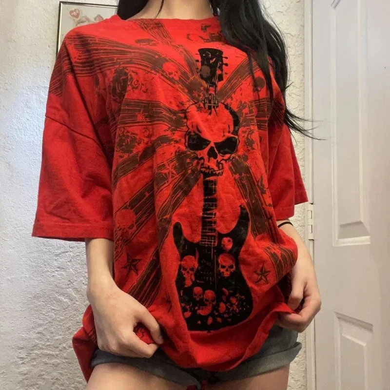 JazzHer Punk Harajuku Grunge Short Sleeve Loose Tees E-girl Gothic Skulls Graphic Print T-shirt Y2K Aesthetic Vintage Pullovers Tops