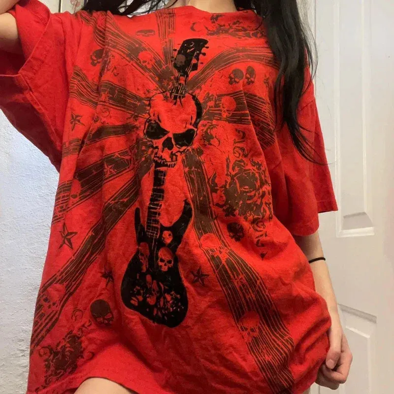 JazzHer Punk Harajuku Grunge Short Sleeve Loose Tees E-girl Gothic Skulls Graphic Print T-shirt Y2K Aesthetic Vintage Pullovers Tops