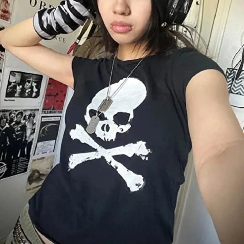 JazzHer Punk Style Hip Hop Crop Top Harajuku Skeleton Graphic T-shirt Gothic Grunge Hollow Out Tees Women Vintage Clothes