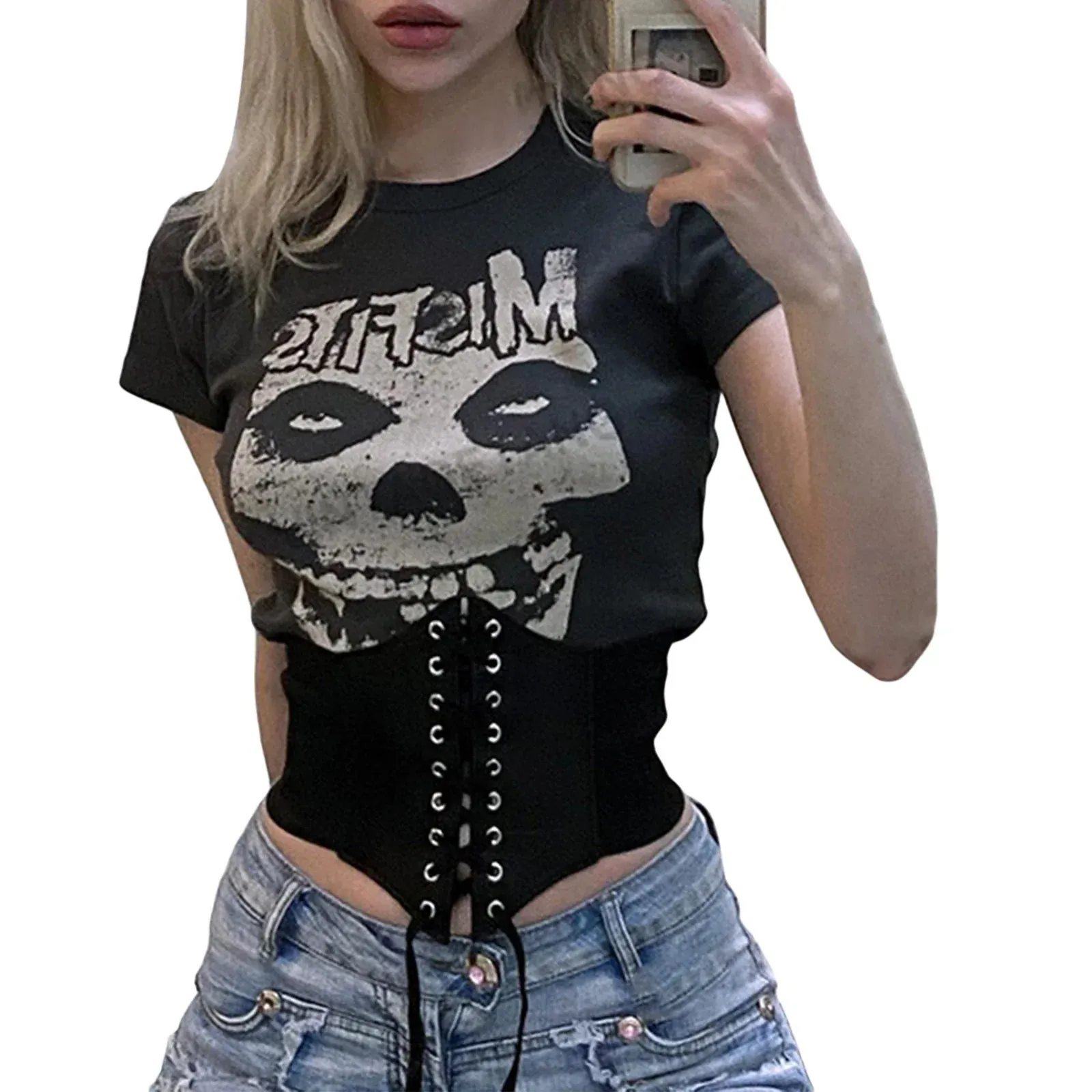 JazzHer Punk Style Hip Hop Crop Top Harajuku Skeleton Graphic T-shirt Gothic Grunge Hollow Out Tees Women Vintage Clothes