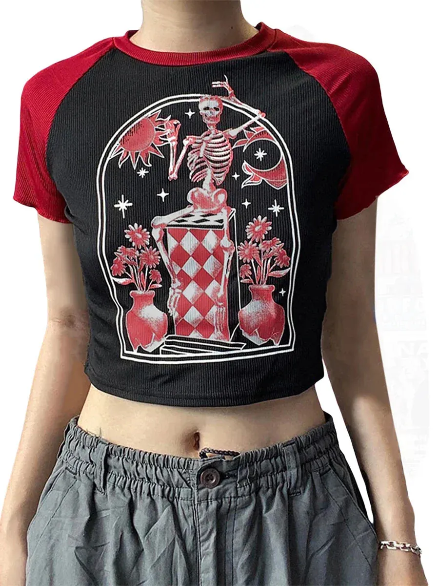 JazzHer Punk Style Hip Hop Crop Top Harajuku Skeleton Graphic T-shirt Gothic Grunge Hollow Out Tees Women Vintage Clothes