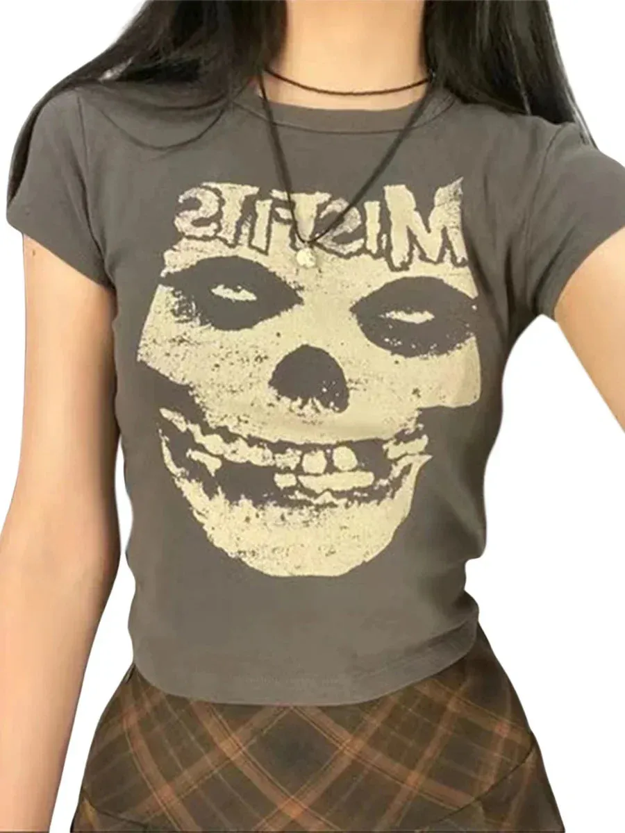 JazzHer Punk Style Hip Hop Crop Top Harajuku Skeleton Graphic T-shirt Gothic Grunge Hollow Out Tees Women Vintage Clothes