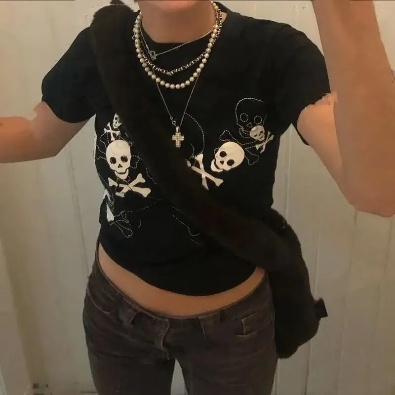 JazzHer Punk Style Hip Hop Crop Top Harajuku Skeleton Graphic T-shirt Gothic Grunge Hollow Out Tees Women Vintage Clothes