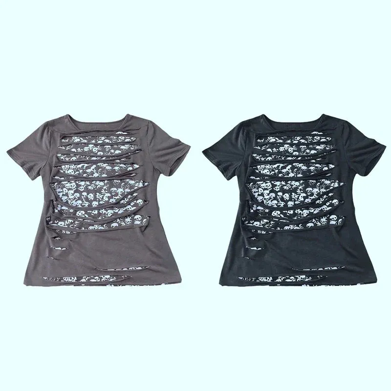 JazzHer Punk Style Hip Hop Crop Top Harajuku Skeleton Graphic T-shirt Gothic Grunge Hollow Out Tees Women Vintage Clothes