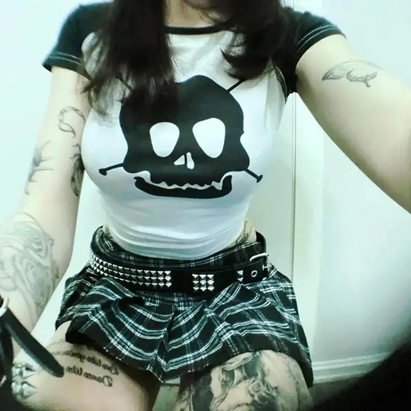 JazzHer Punk Style Hip Hop Crop Top Harajuku Skeleton Graphic T-shirt Gothic Grunge Hollow Out Tees Women Vintage Clothes