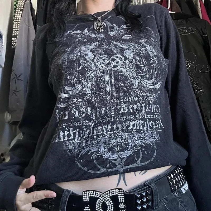 JazzHer Y2K Aesthetic Graphic Print O Neck Long Sleeve Pullover Tops Gothic T-shirt for Women Clothes Cyber Y2K Grunge Tees Streetwear