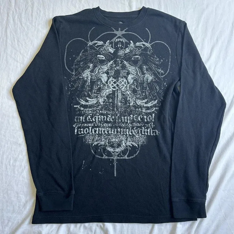 JazzHer Y2K Aesthetic Graphic Print O Neck Long Sleeve Pullover Tops Gothic T-shirt for Women Clothes Cyber Y2K Grunge Tees Streetwear
