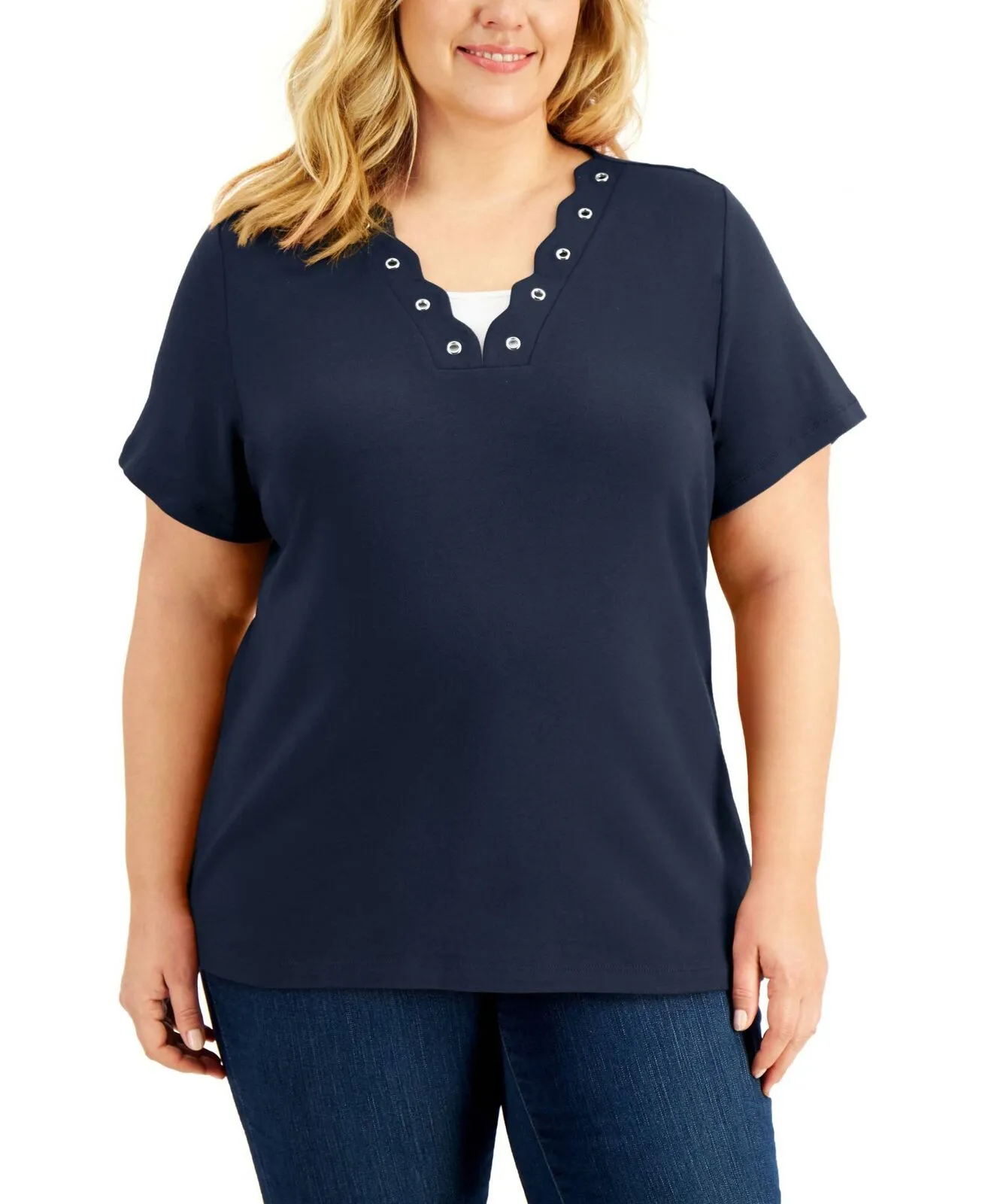 Karen Scott Plus Cotton Layered Look Scalloped Grommet Knit Top