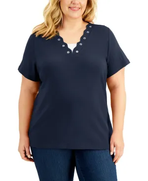 Karen Scott Plus Cotton Layered Look Scalloped Grommet Knit Top