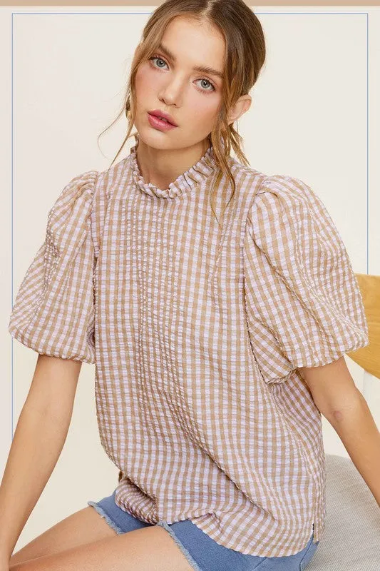 La Miel Gingham Check Print Puff Sleeve Top