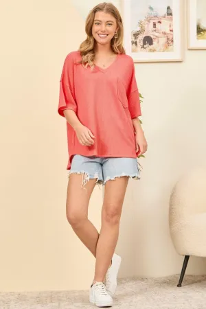 LADIES SUMMER CORAL WAFFLE KNIT POCKET TEE