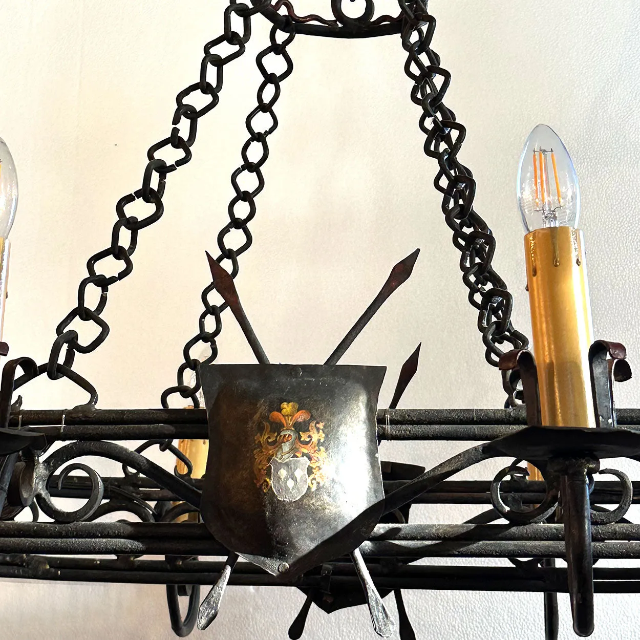 Large French Provincial Gothic Style Painted Wrought Iron Six-Light Chandelier