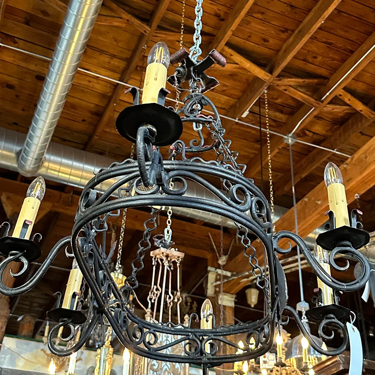 Large French Provincial Gothic Style Painted Wrought Iron Six-Light Chandelier