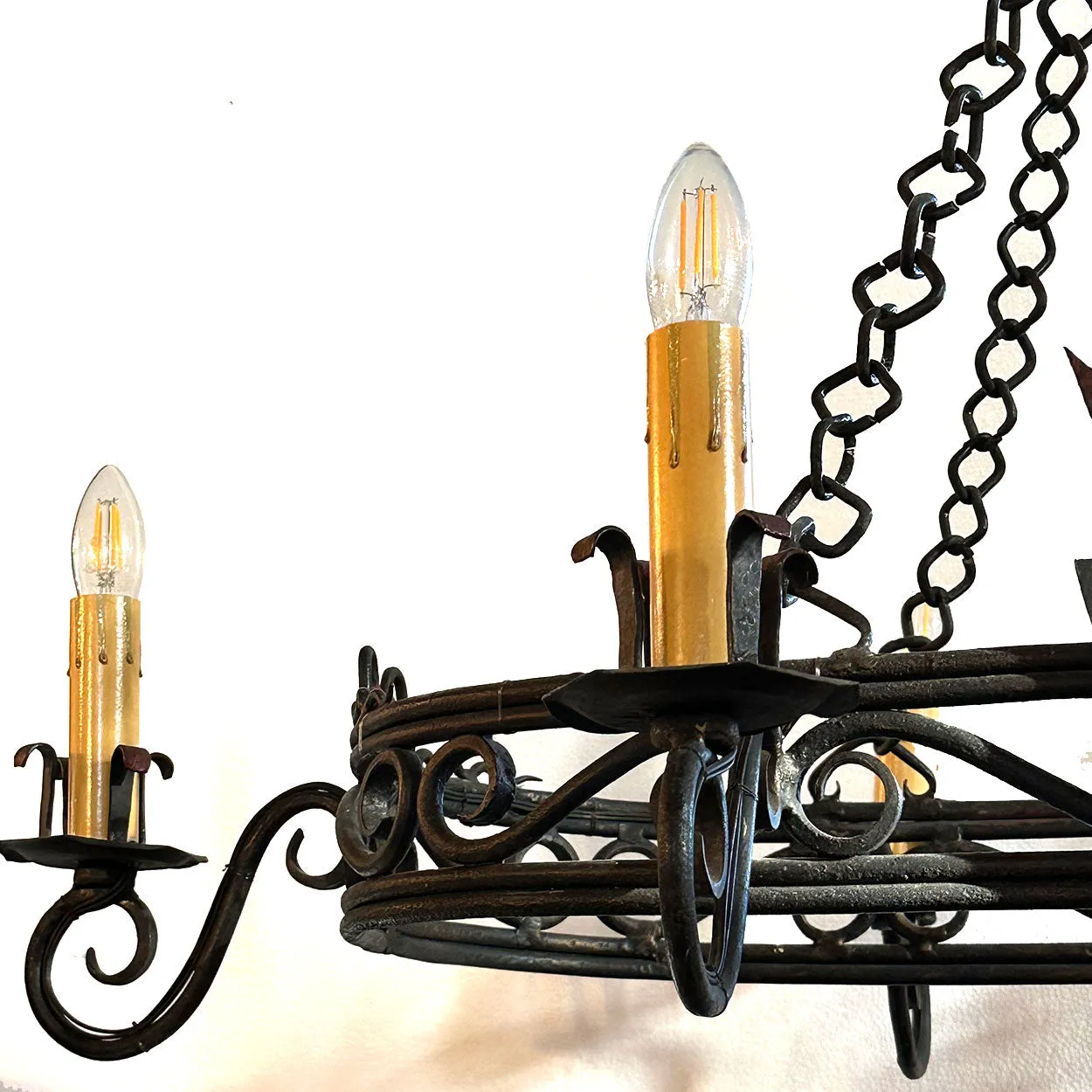 Large French Provincial Gothic Style Painted Wrought Iron Six-Light Chandelier