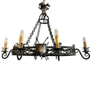Large French Provincial Gothic Style Painted Wrought Iron Six-Light Chandelier