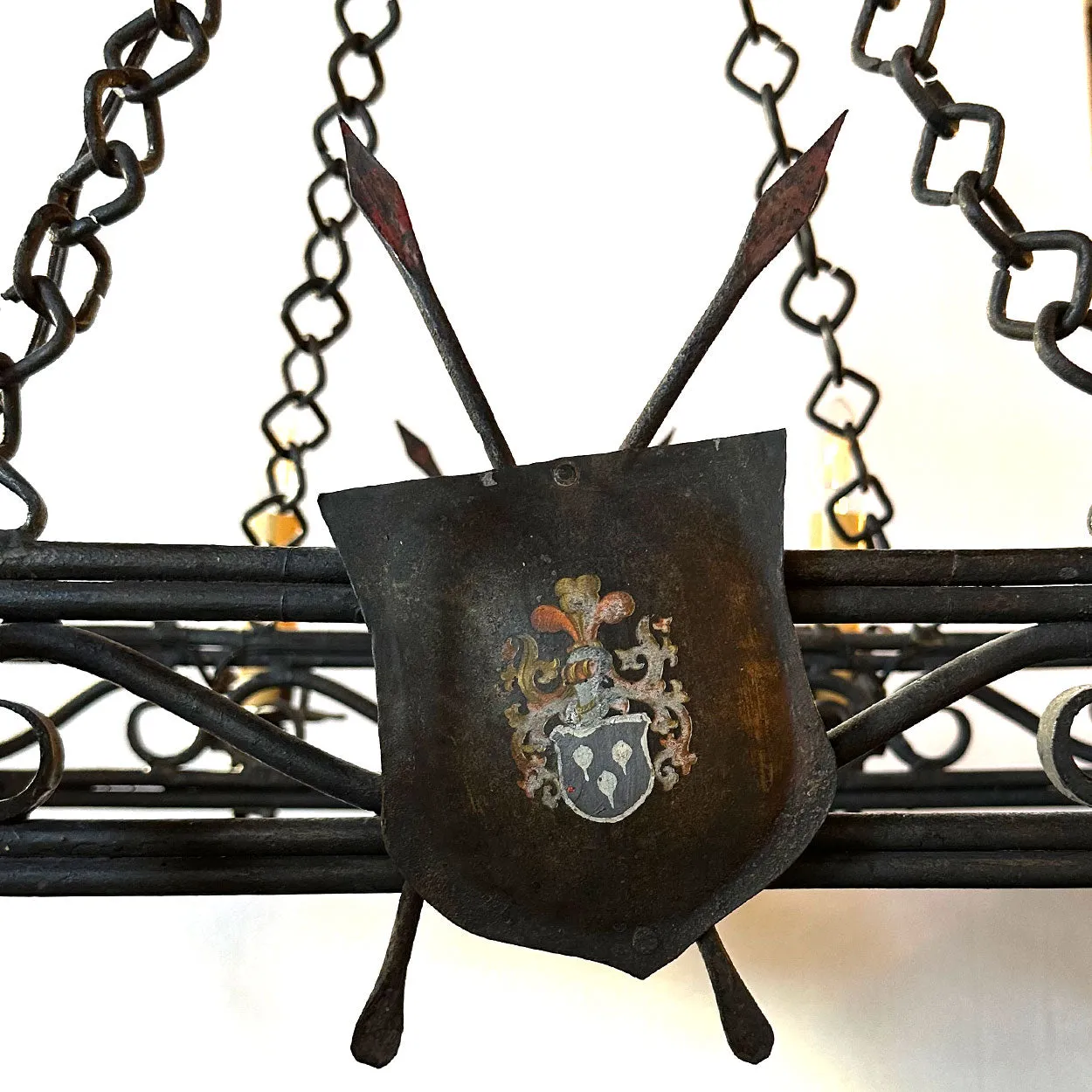 Large French Provincial Gothic Style Painted Wrought Iron Six-Light Chandelier