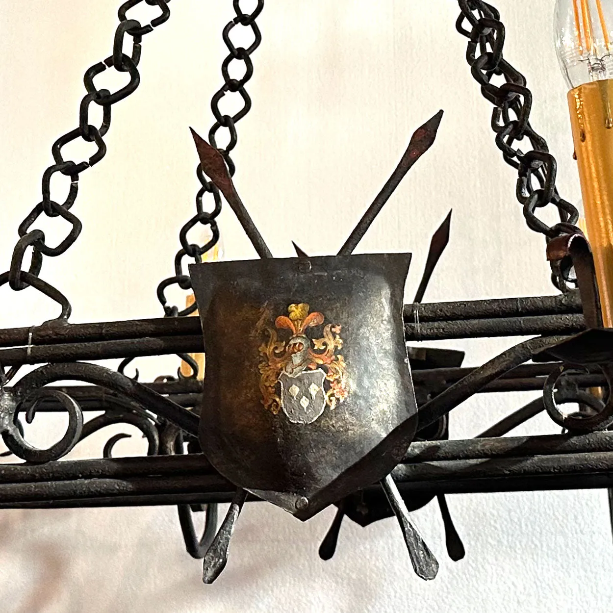 Large French Provincial Gothic Style Painted Wrought Iron Six-Light Chandelier