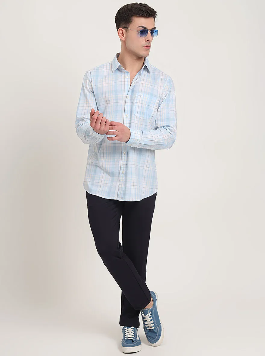 Light Blue Checked Slim Fit Casual Shirt | JadeBlue