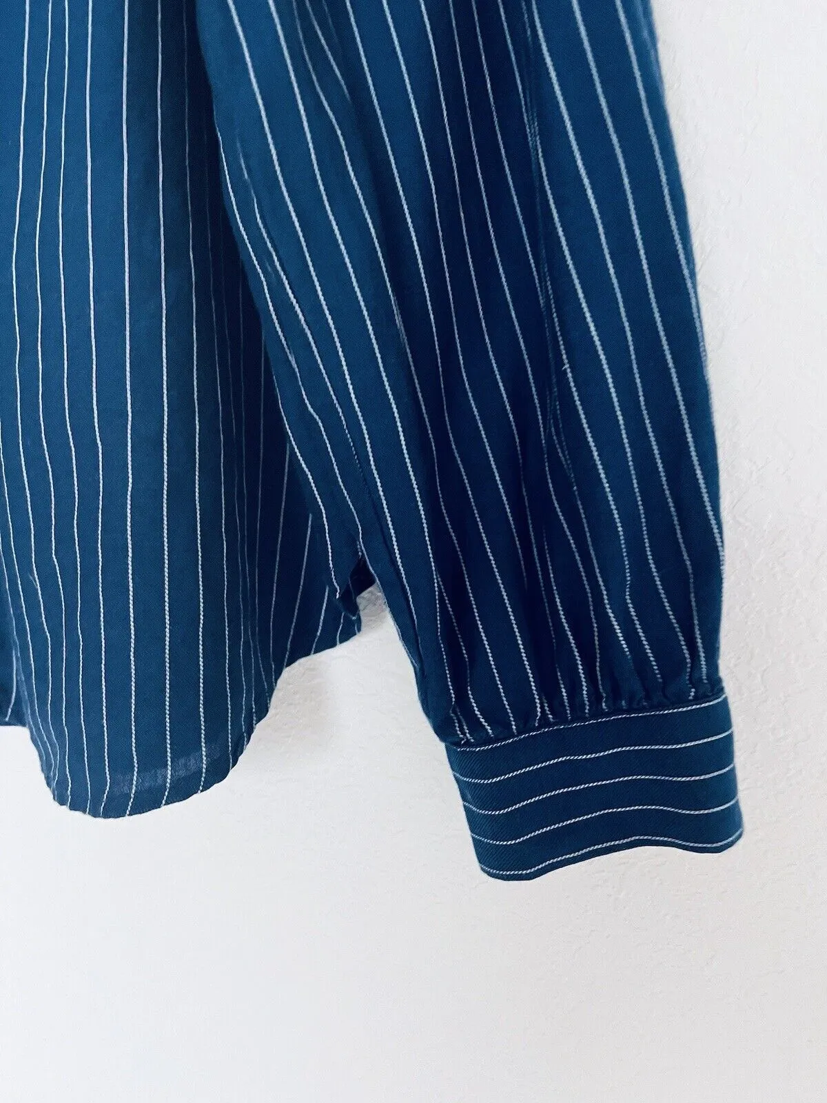 LOFT Button Down Striped Top Sz XL Blue Long Sleeve 100% Cotton Relaxed Fit
