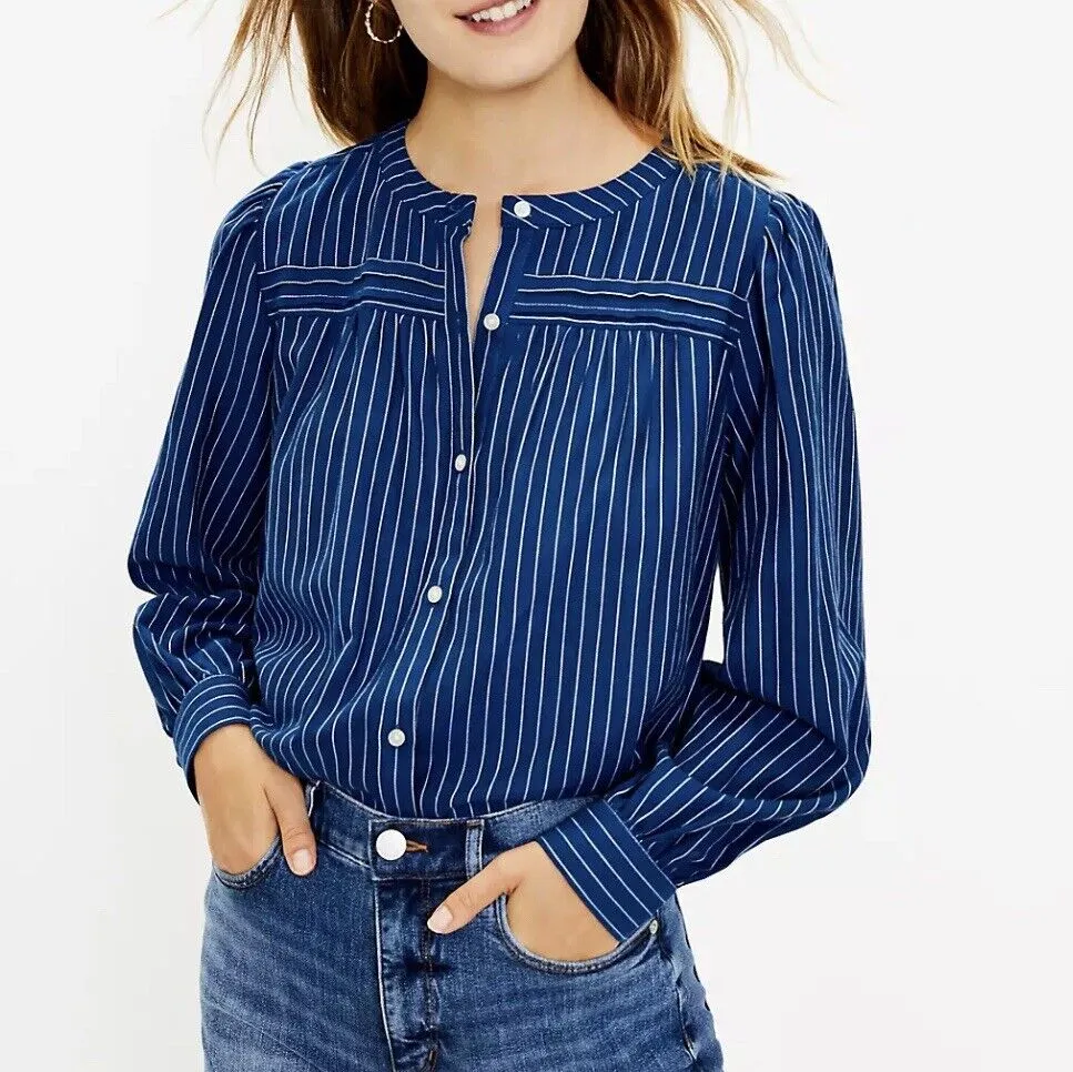 LOFT Button Down Striped Top Sz XL Blue Long Sleeve 100% Cotton Relaxed Fit