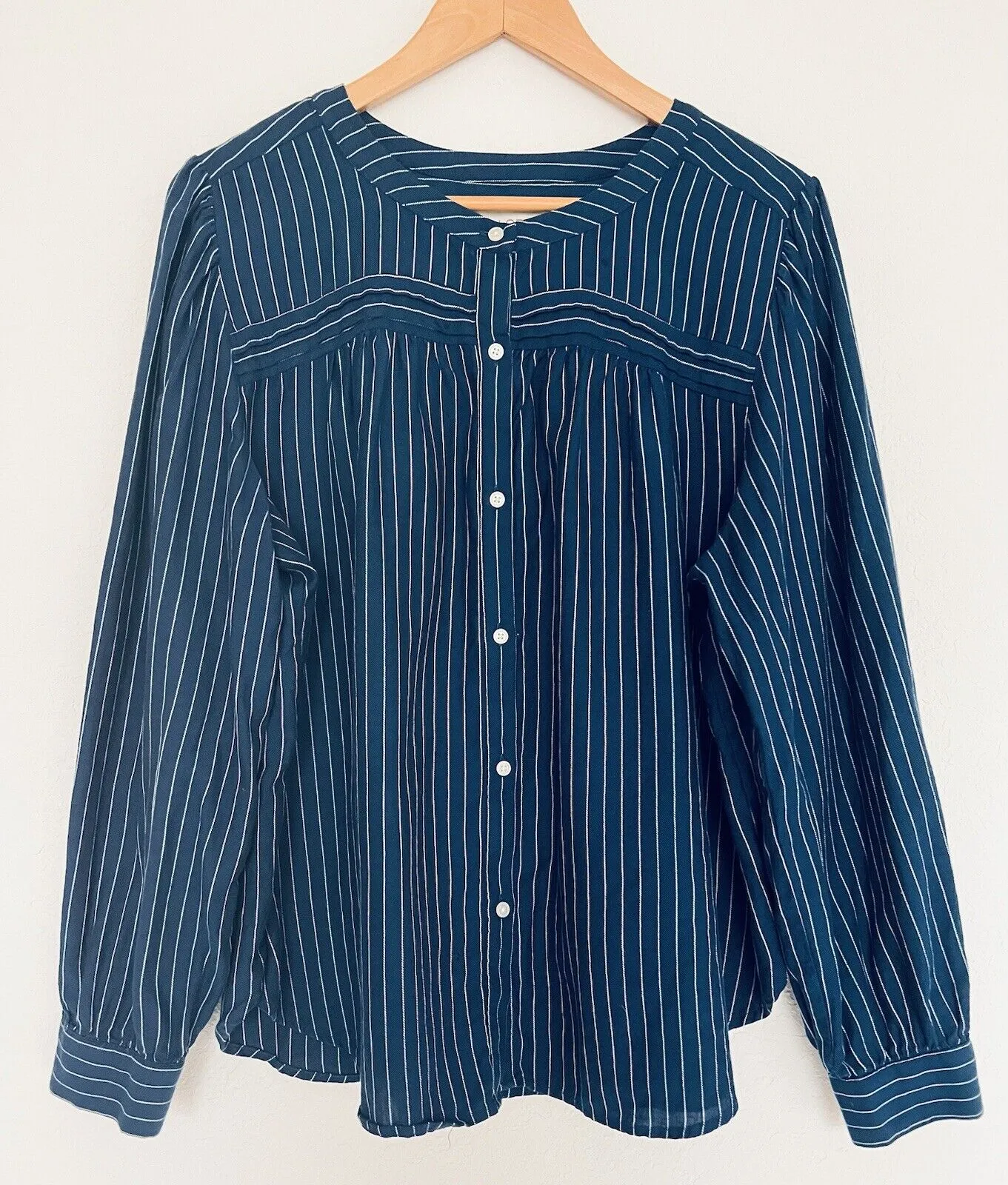 LOFT Button Down Striped Top Sz XL Blue Long Sleeve 100% Cotton Relaxed Fit