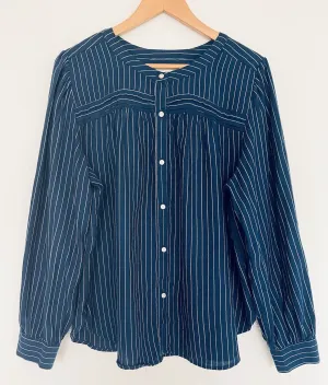 LOFT Button Down Striped Top Sz XL Blue Long Sleeve 100% Cotton Relaxed Fit