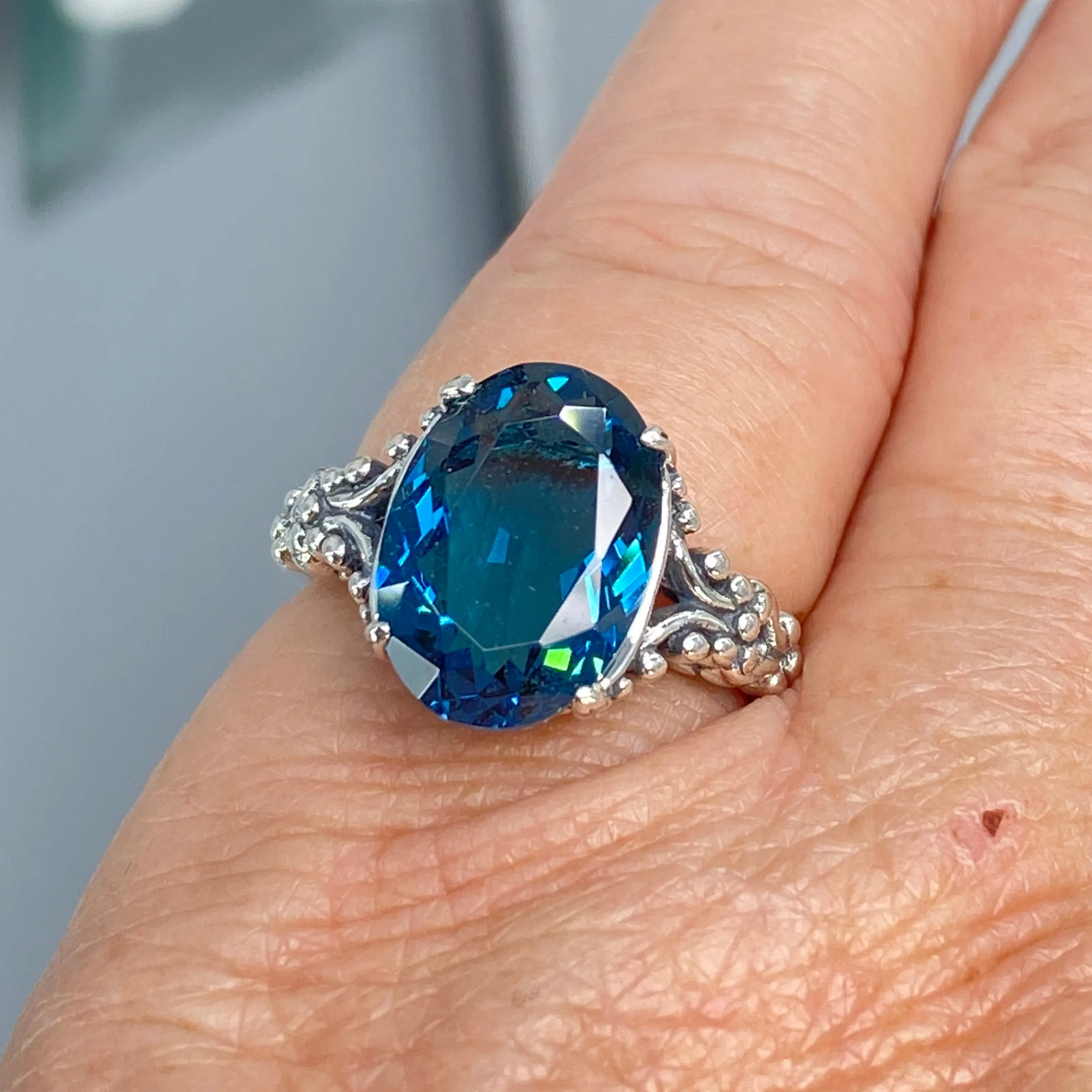 London Blue Topaz Ring, Size 5, Sterling Silver Gothic Jewelry, #D113 - Ready to Ship