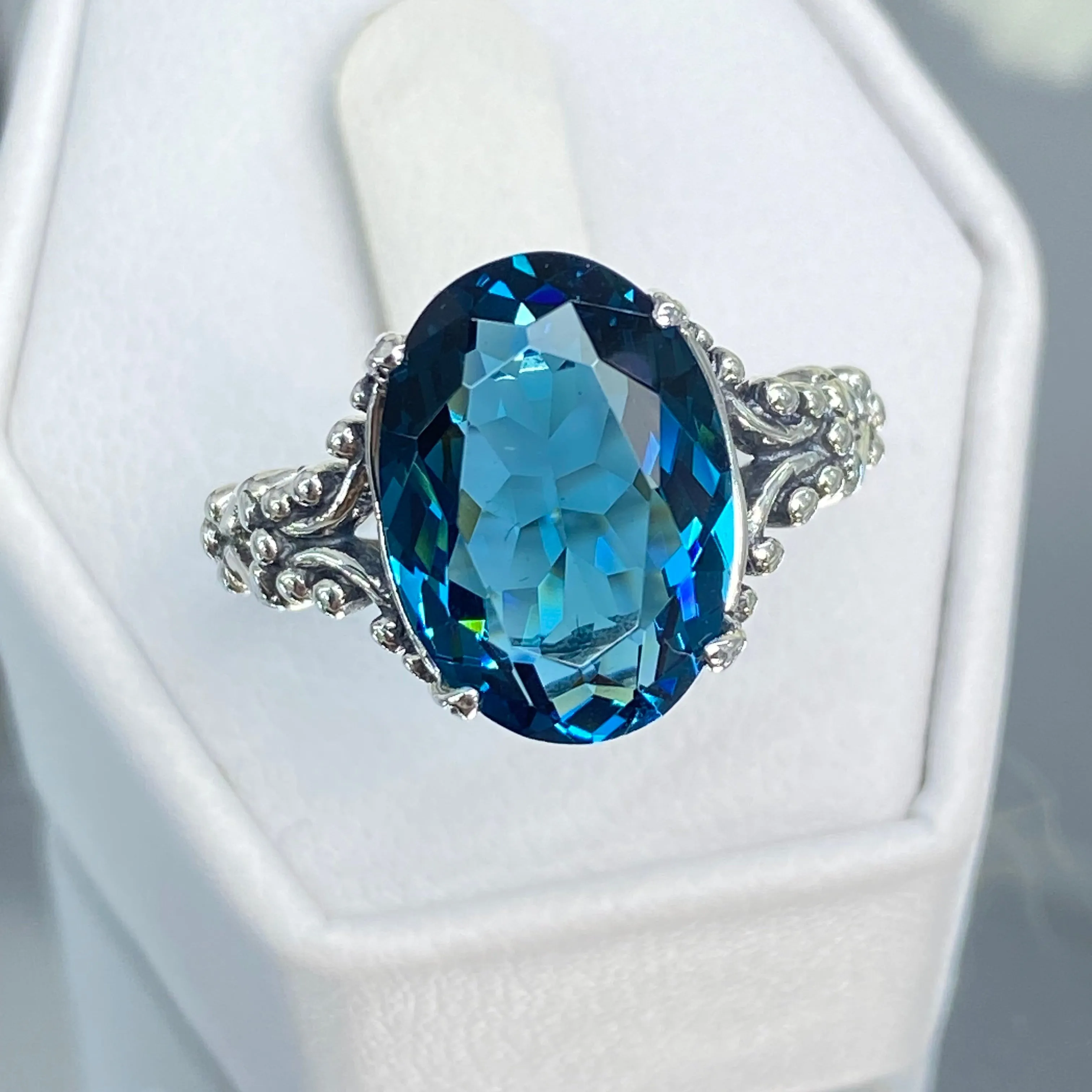 London Blue Topaz Ring, Size 5, Sterling Silver Gothic Jewelry, #D113 - Ready to Ship