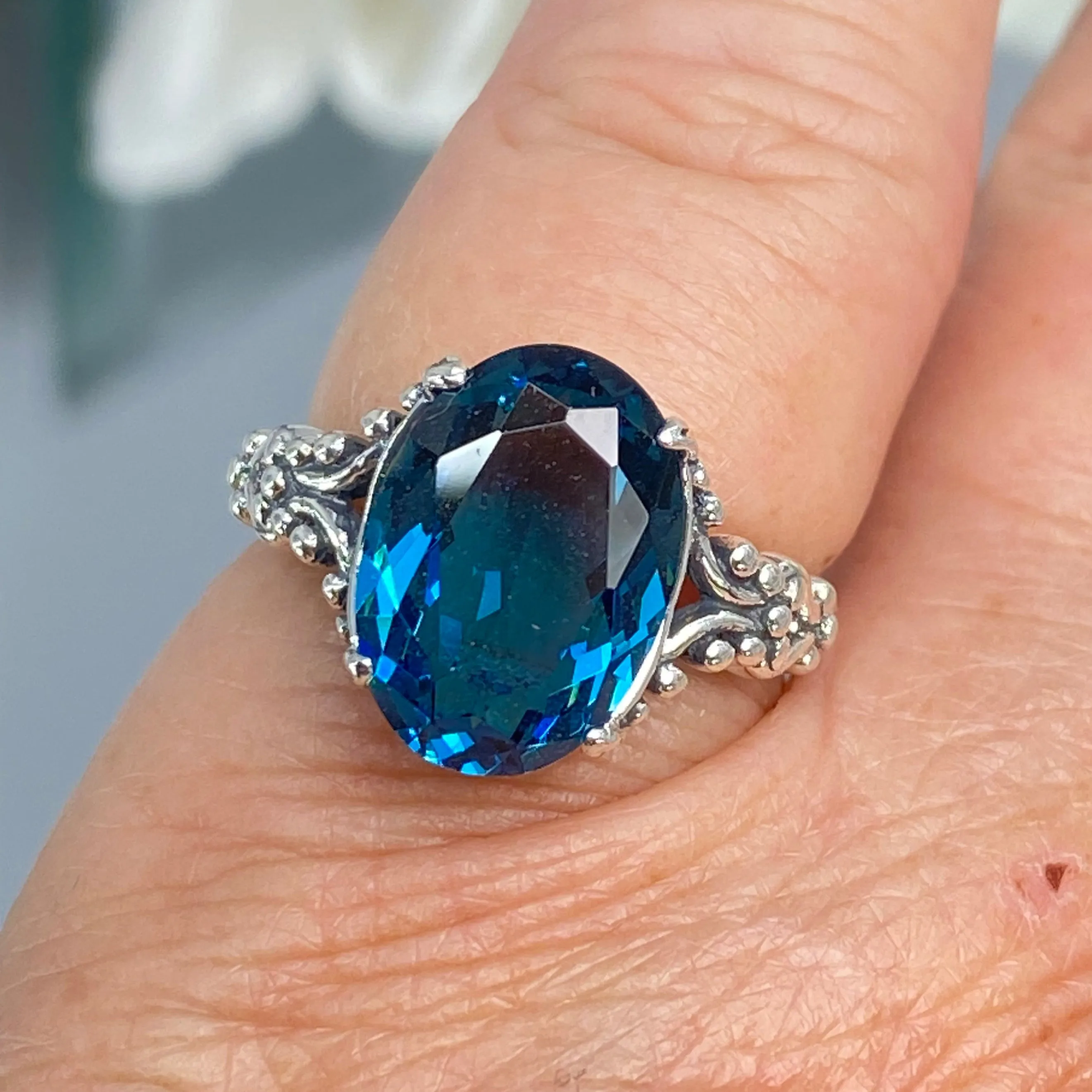 London Blue Topaz Ring, Size 5, Sterling Silver Gothic Jewelry, #D113 - Ready to Ship