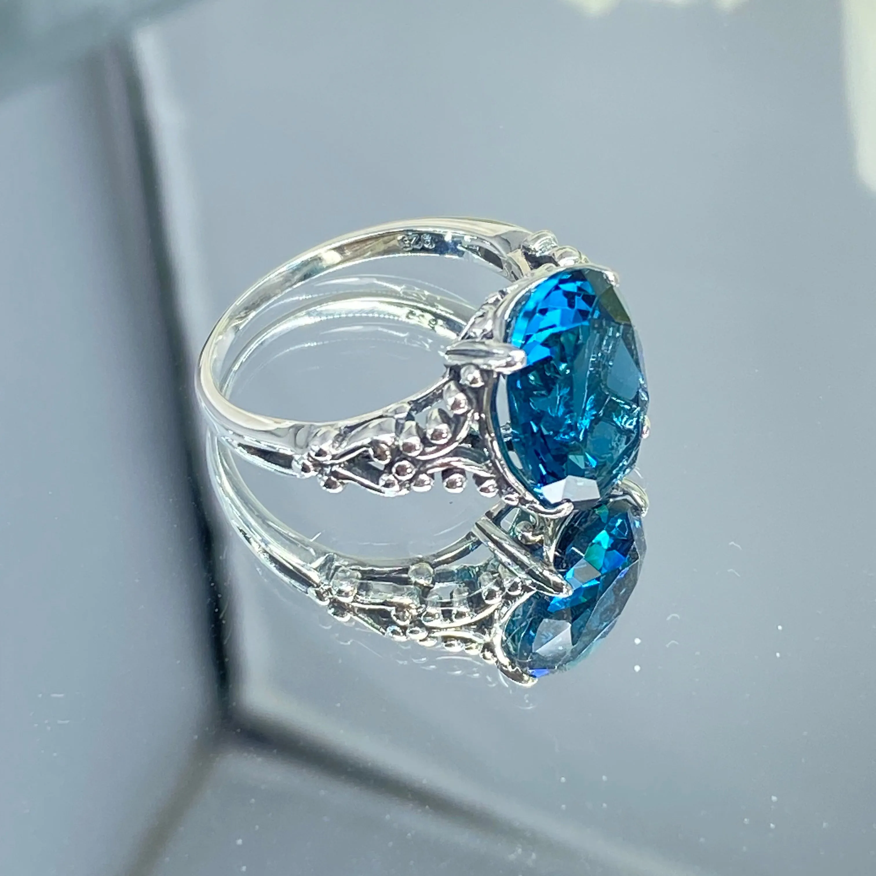 London Blue Topaz Ring, Size 5.5, Sterling Silver Gothic Jewelry, #D113 - Ready to Ship