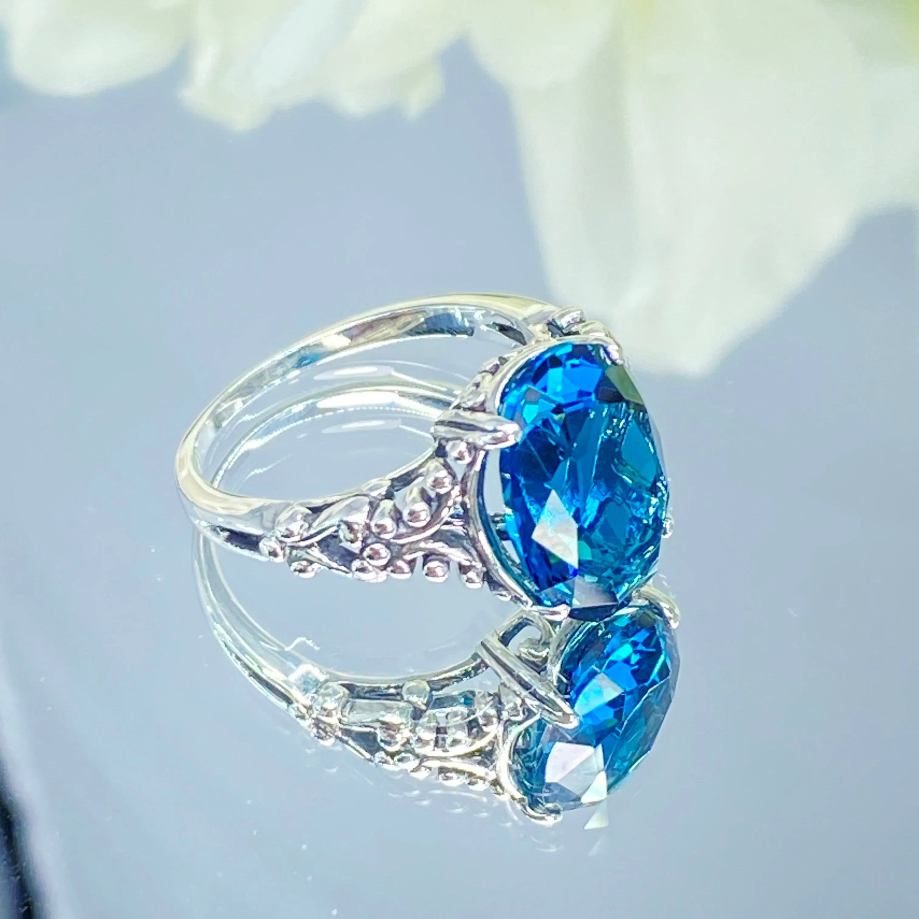London Blue Topaz Ring, Size 5.5, Sterling Silver Gothic Jewelry, #D113 - Ready to Ship