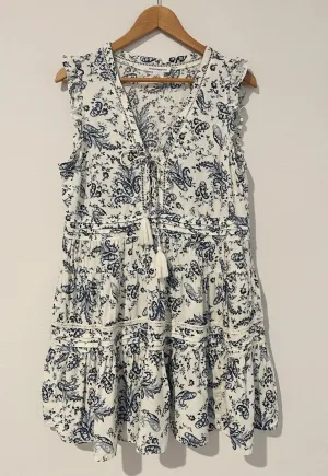 LUCKY BRAND Blue Paisley Dress Sz L Sleeveless Ruffle Tie Neck Crochet Boho