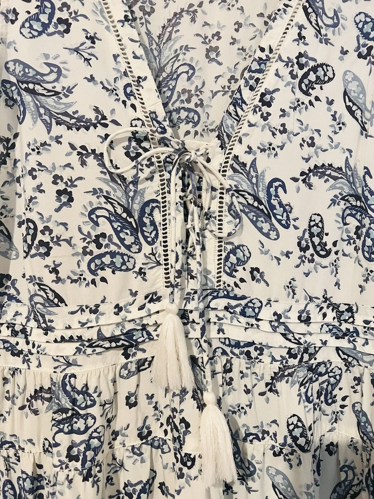LUCKY BRAND Blue Paisley Dress Sz L Sleeveless Ruffle Tie Neck Crochet Boho