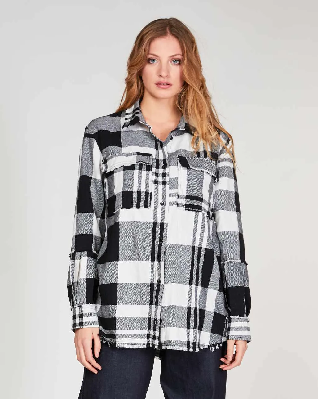 Madras Plaid Raw Button-Up Shirt