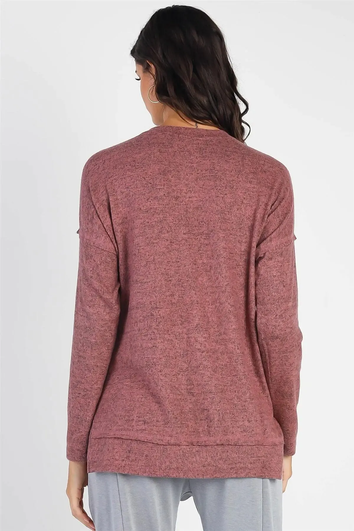 Mauve Flannel Button-Up Trim Detail Long Sleeve Top