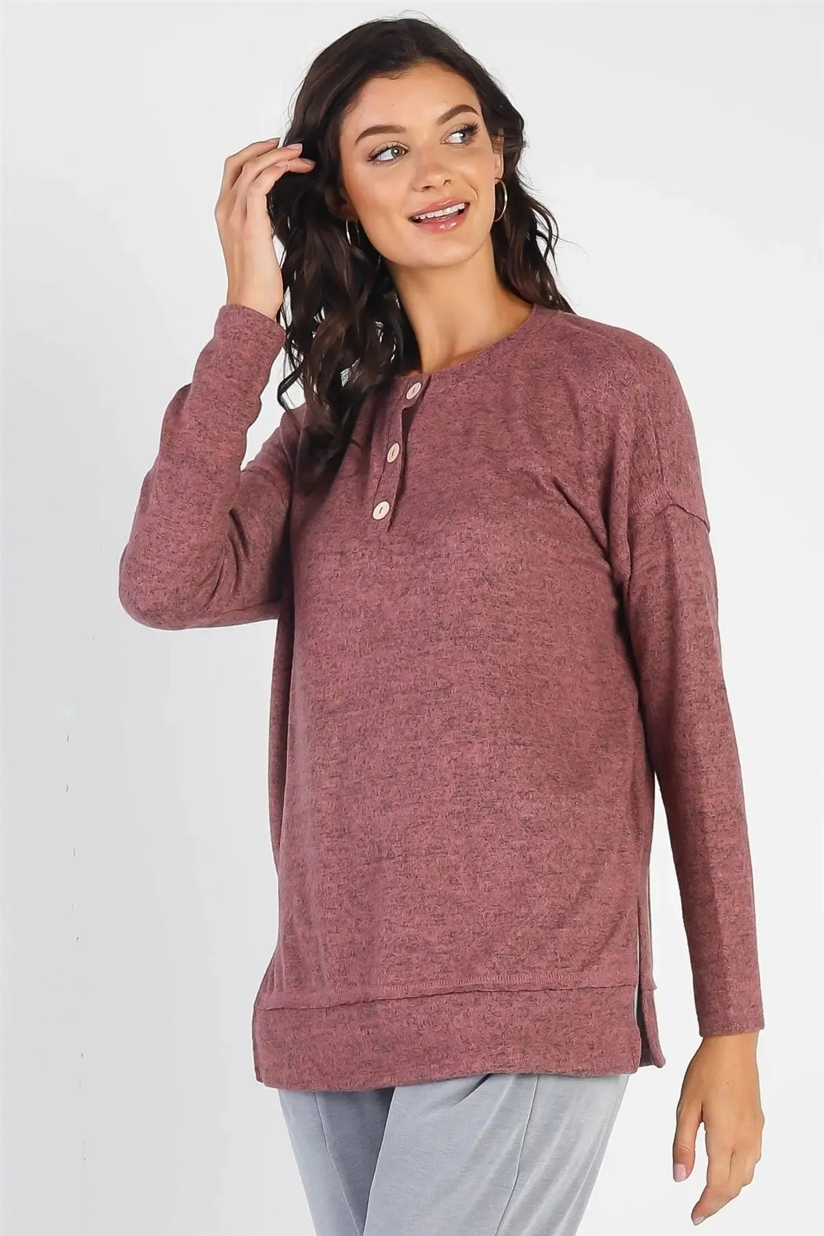 Mauve Flannel Button-Up Trim Detail Long Sleeve Top