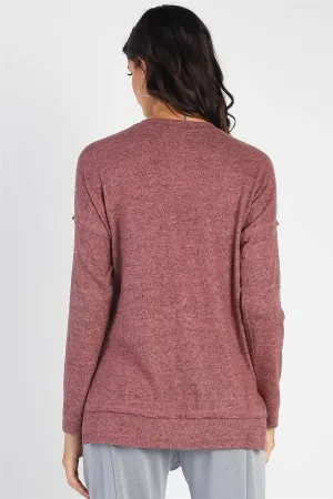 Mauve Flannel Button-Up Trim Detail Long Sleeve Top
