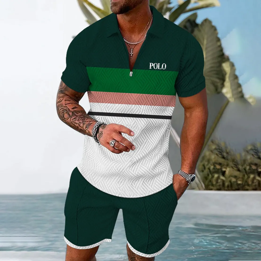Men's Geometric Print Casual Short-Sleeved Polo Two-Piece Set